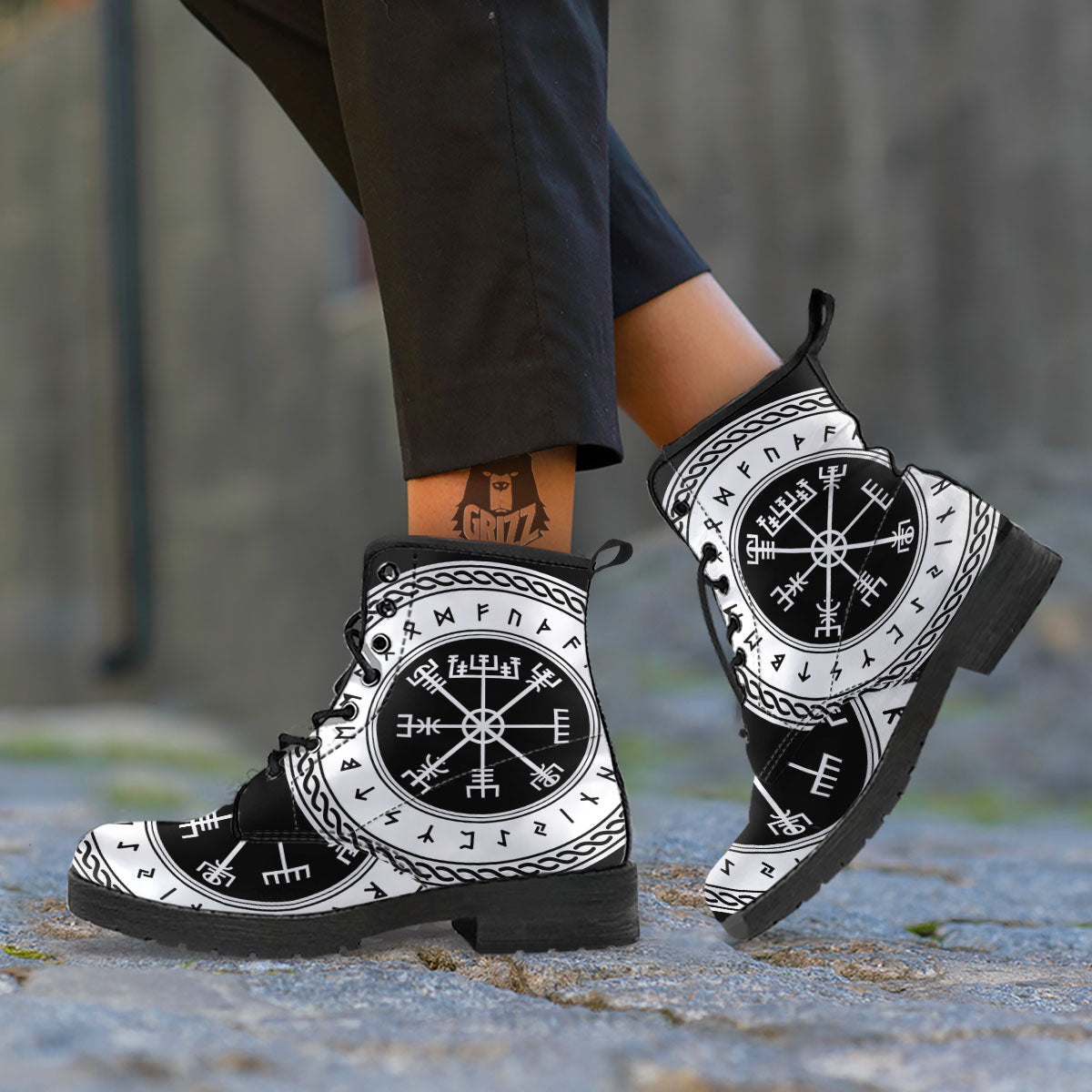 Vegvisir Viking Print Leather Boots-grizzshop