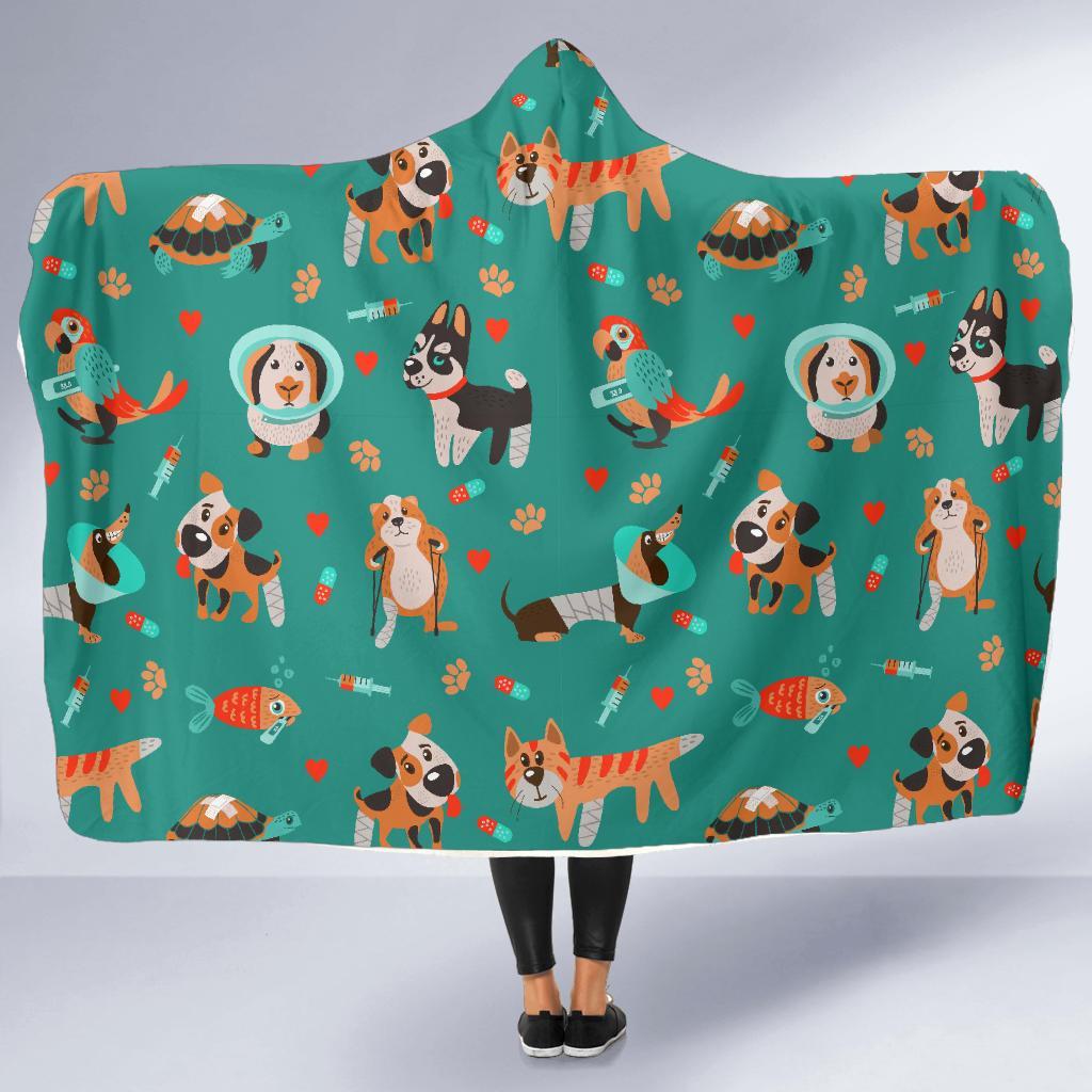 Veterianary Animal Pattern Print Hooded Blanket-grizzshop