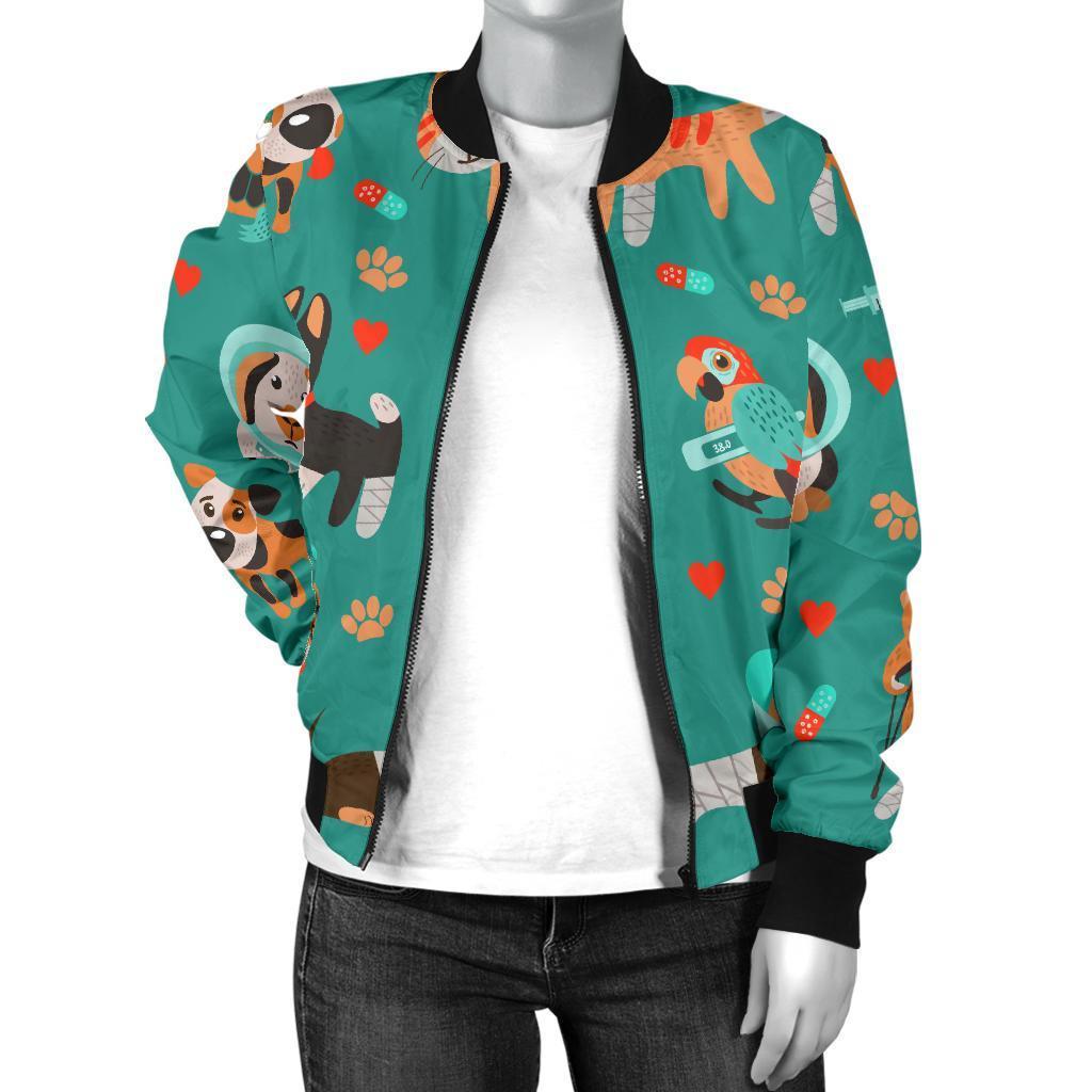 Veterianary Animal Pattern Print Women Casual Bomber Jacket-grizzshop