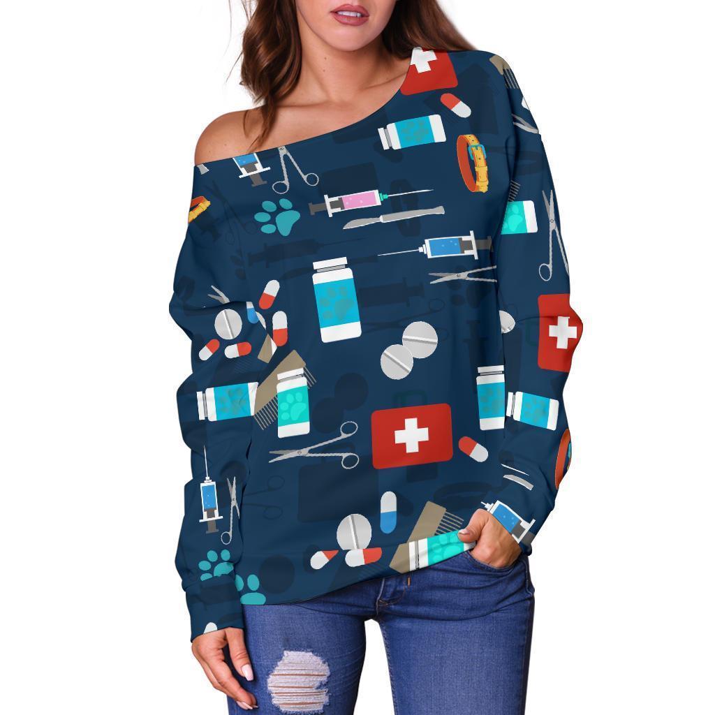 Veterianary Pattern Print Women Off Shoulder Sweatshirt-grizzshop