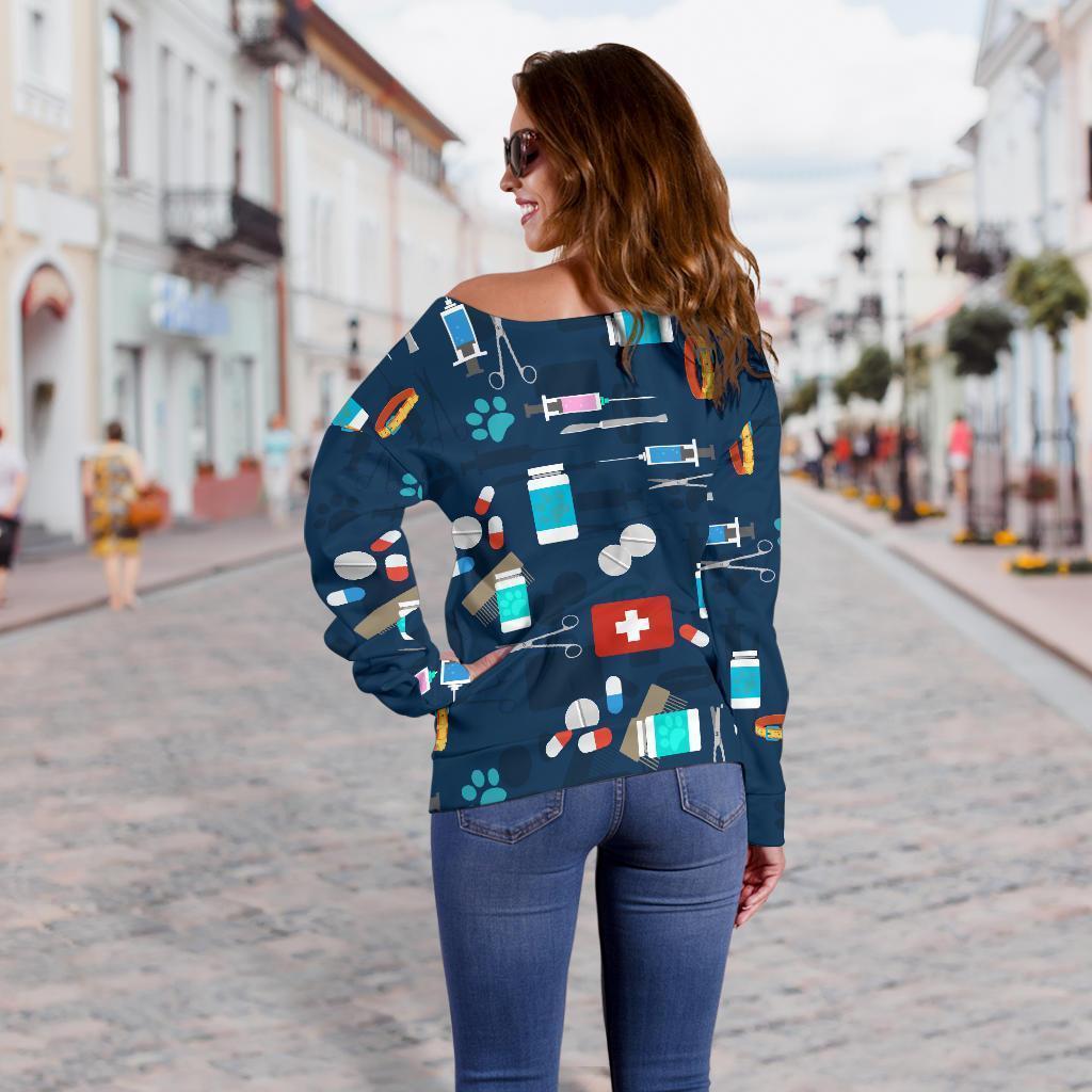 Veterianary Pattern Print Women Off Shoulder Sweatshirt-grizzshop