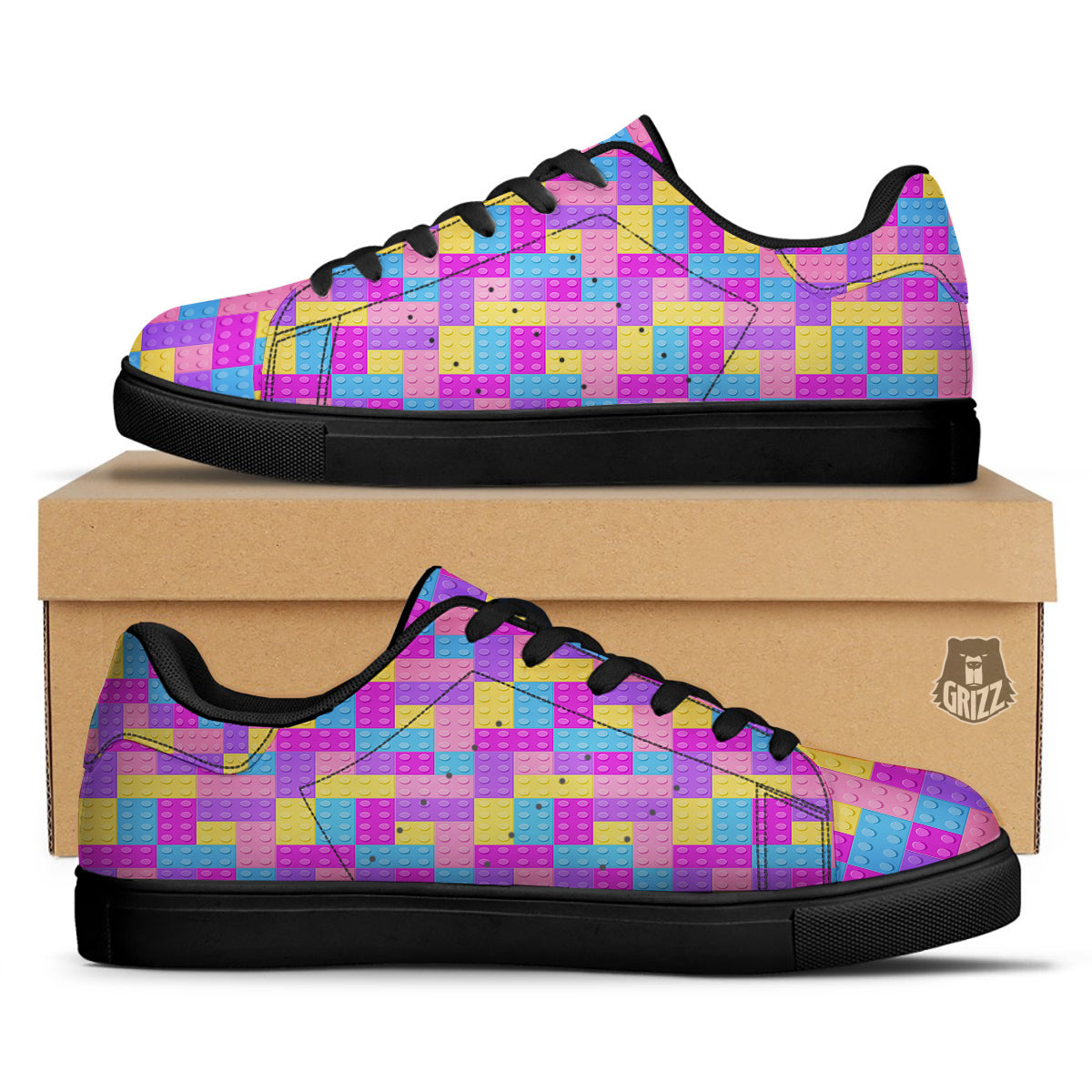 Video Game Colorful Block Puzzle Print Black Low Top Sneakers-grizzshop
