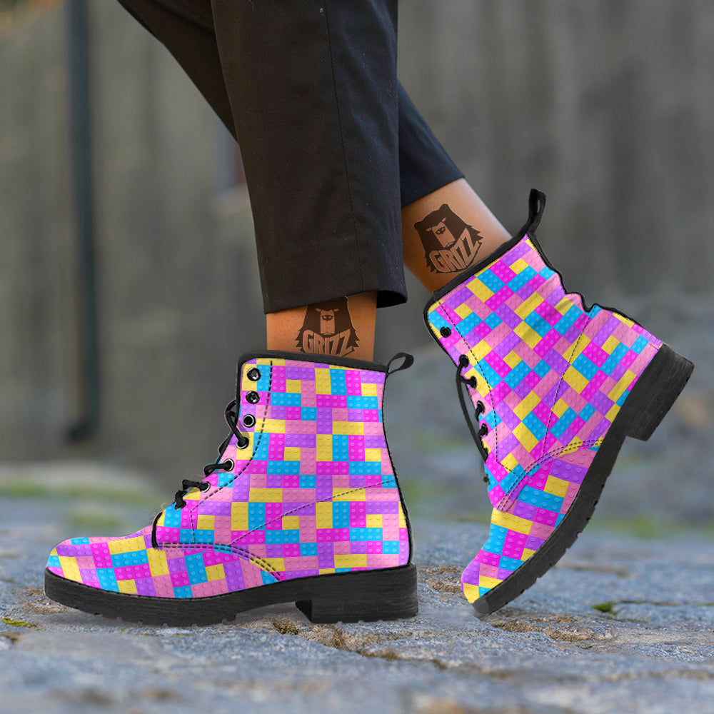 Video Game Colorful Block Puzzle Print Leather Boots-grizzshop