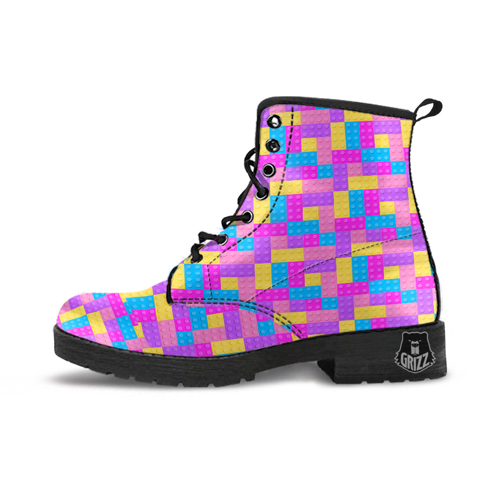 Video Game Colorful Block Puzzle Print Leather Boots-grizzshop