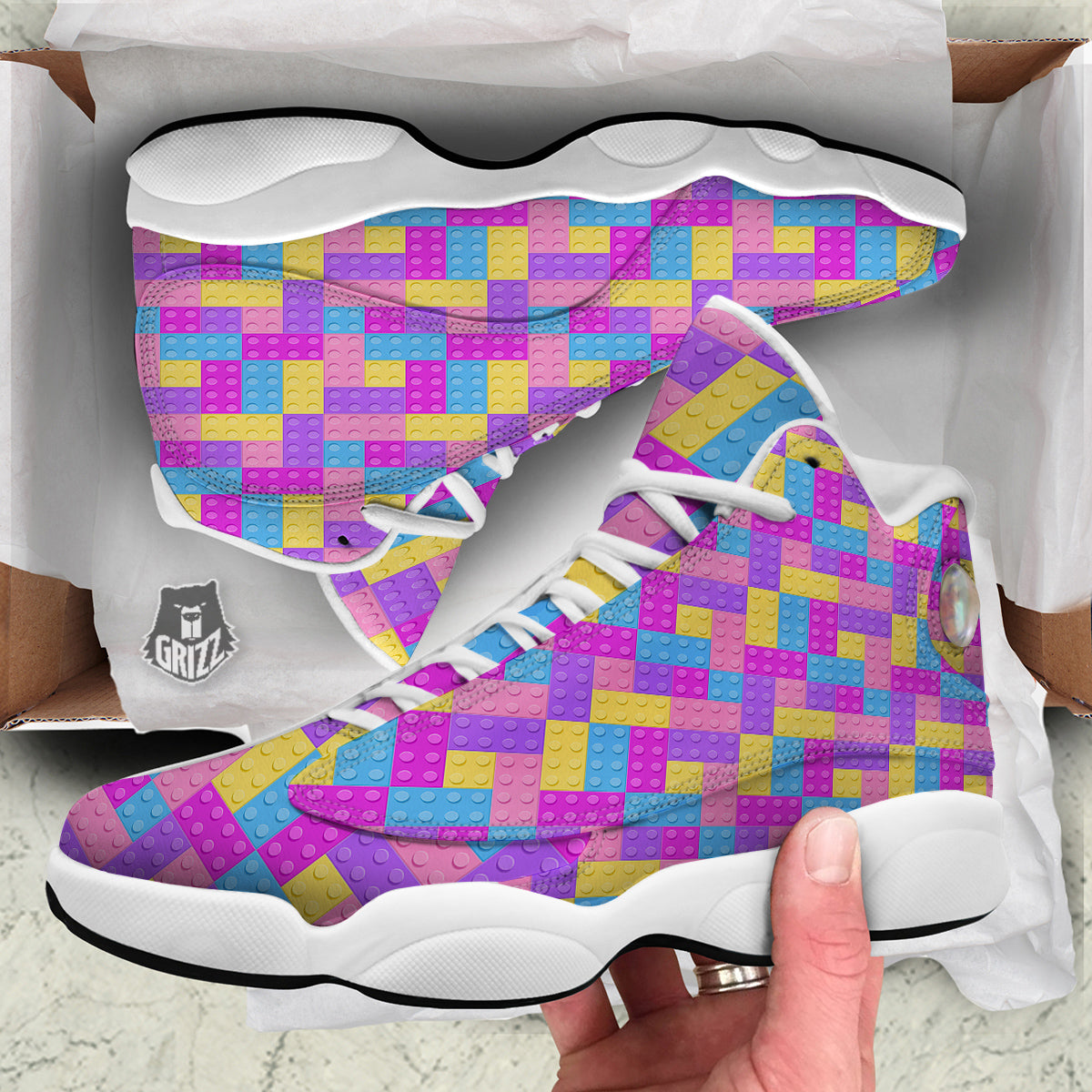 Video Game Colorful Block Puzzle Print White Basketball Shoes-grizzshop