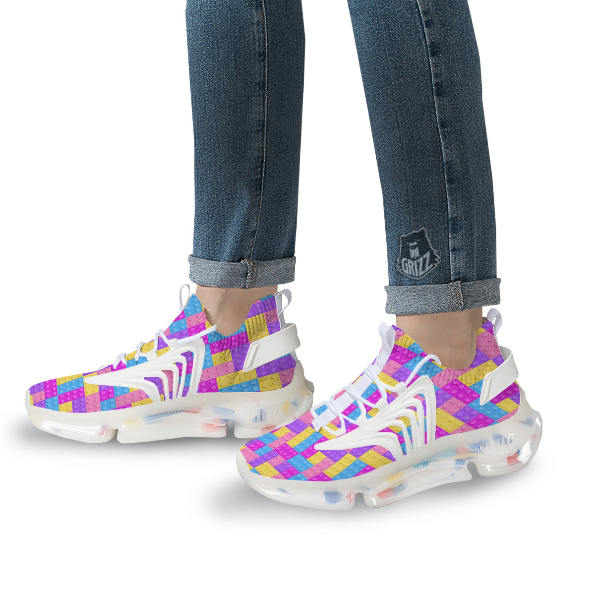 Video Game Colorful Block Puzzle Print White Gym Shoes-grizzshop