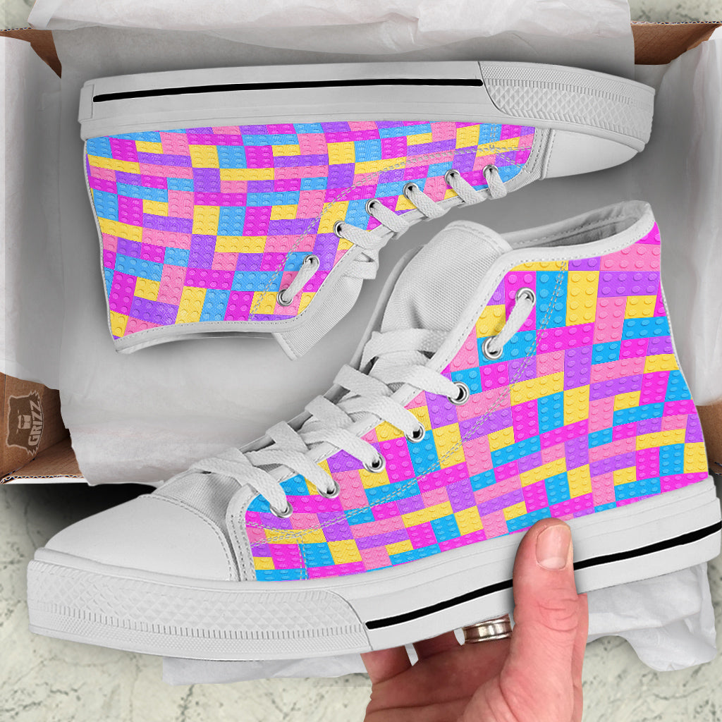 Video Game Colorful Block Puzzle Print White High Top Shoes-grizzshop