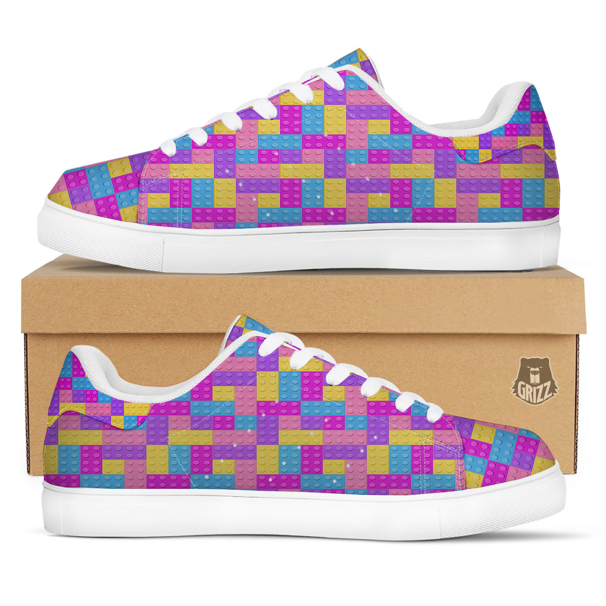 Video Game Colorful Block Puzzle Print White Low Top Sneakers-grizzshop