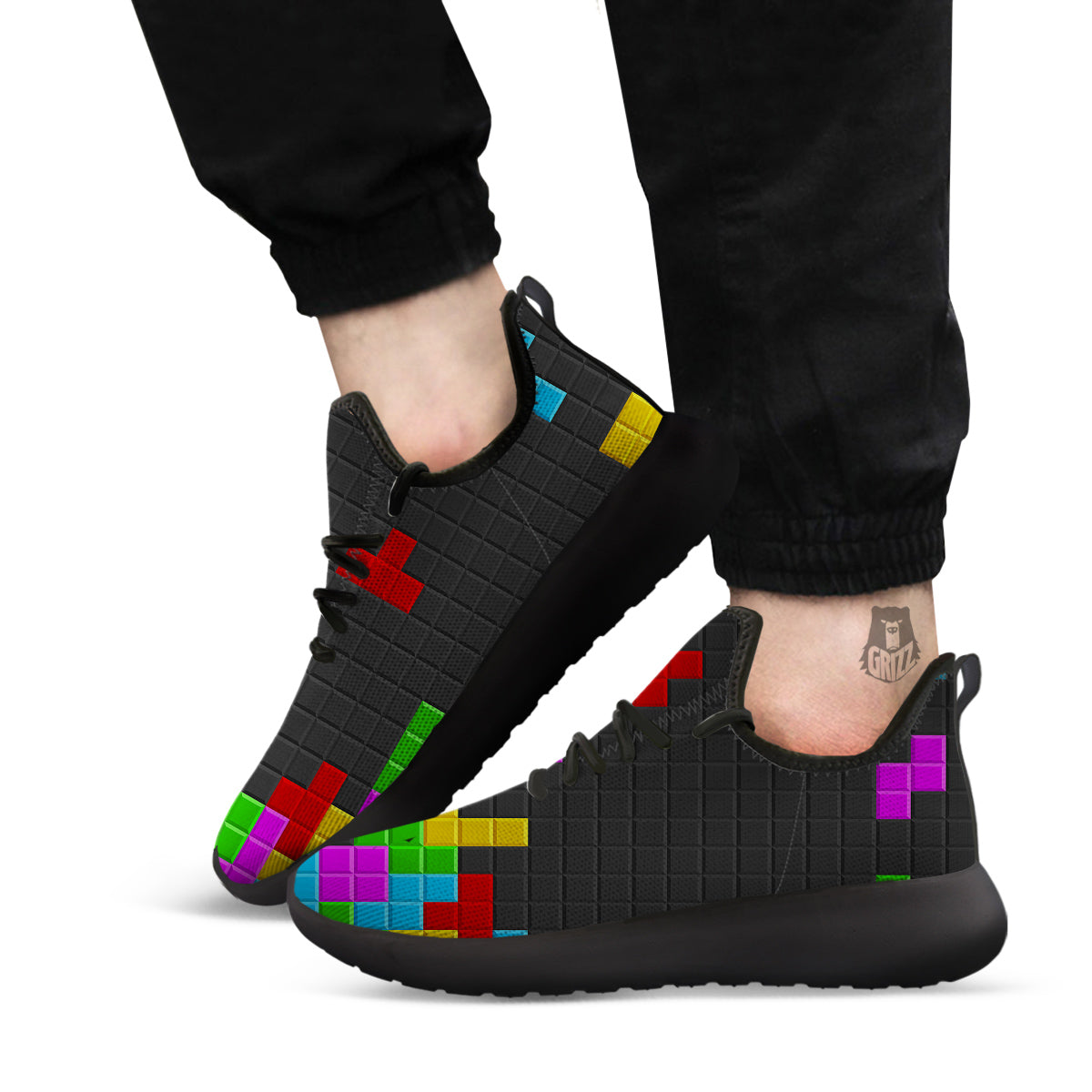Video Game Colorful Brick Puzzle Print Black Athletic Shoes-grizzshop