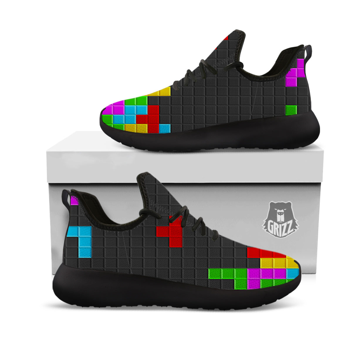 Video Game Colorful Brick Puzzle Print Black Athletic Shoes-grizzshop