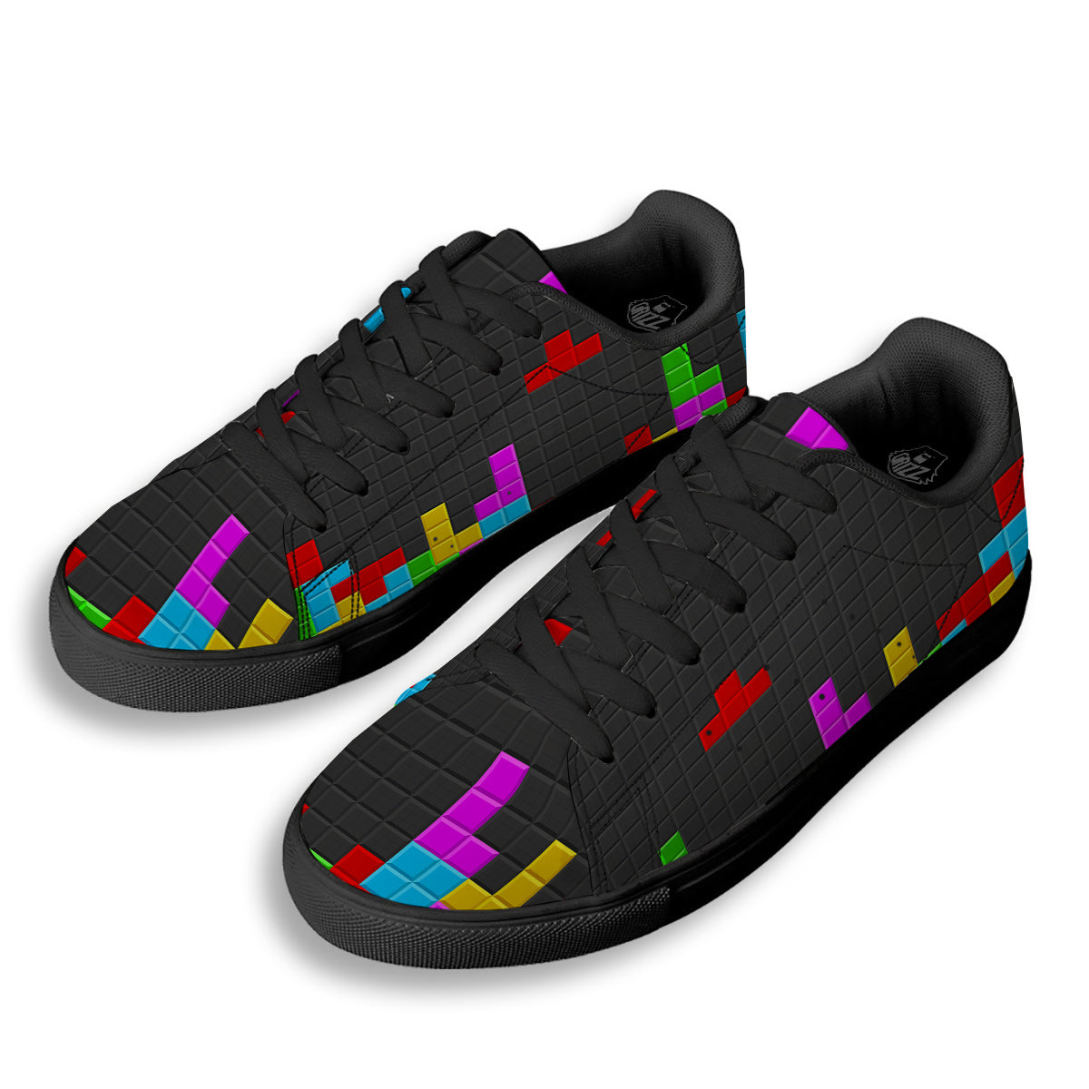 Video Game Colorful Brick Puzzle Print Black Low Top Sneakers-grizzshop