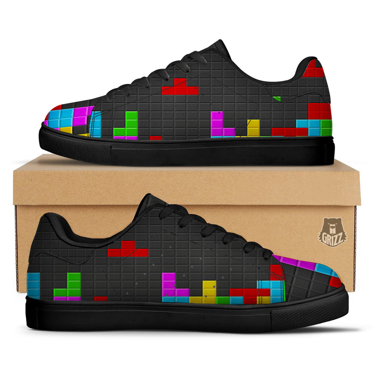 Video Game Colorful Brick Puzzle Print Black Low Top Sneakers-grizzshop