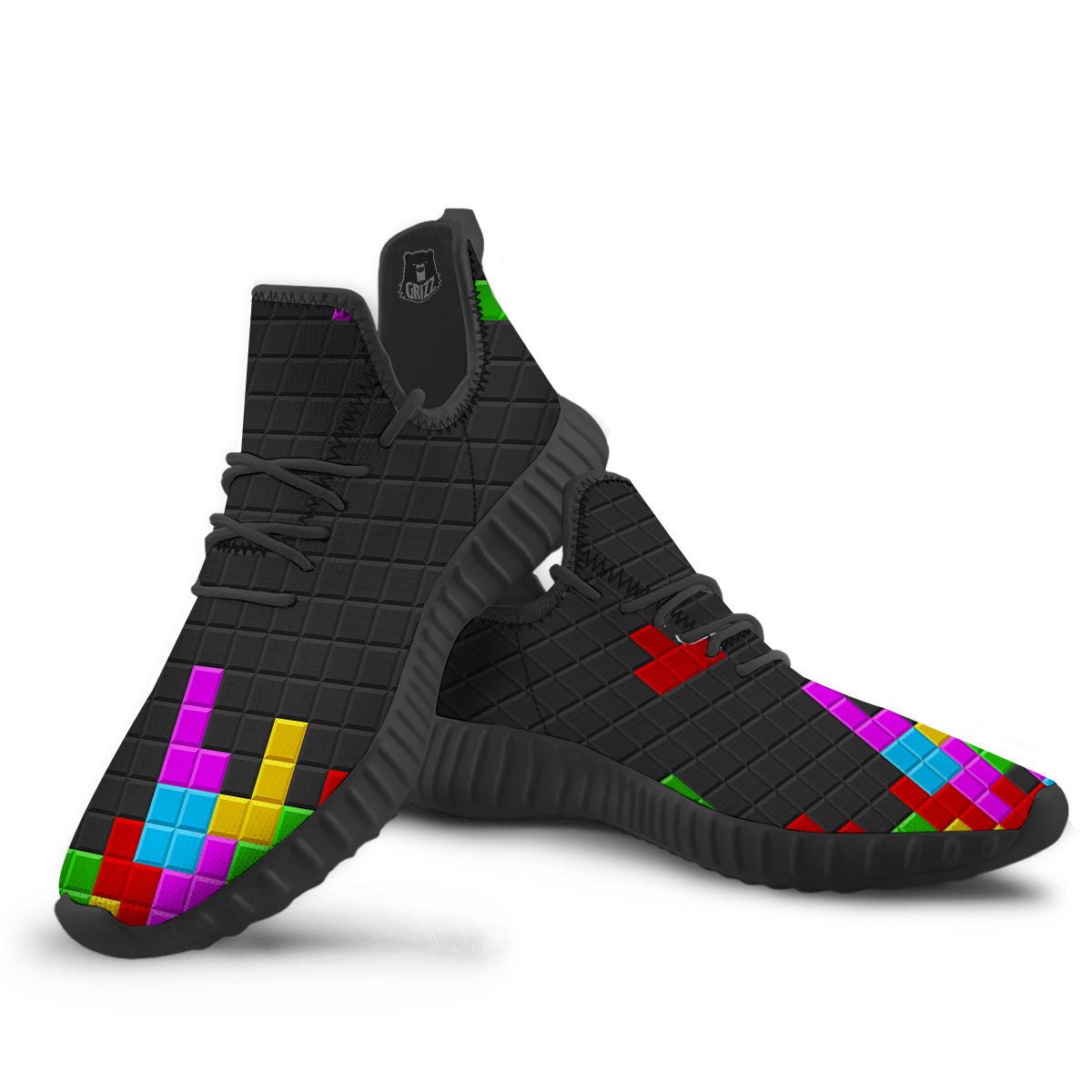 Video Game Colorful Brick Puzzle Print Black Walking Shoes-grizzshop