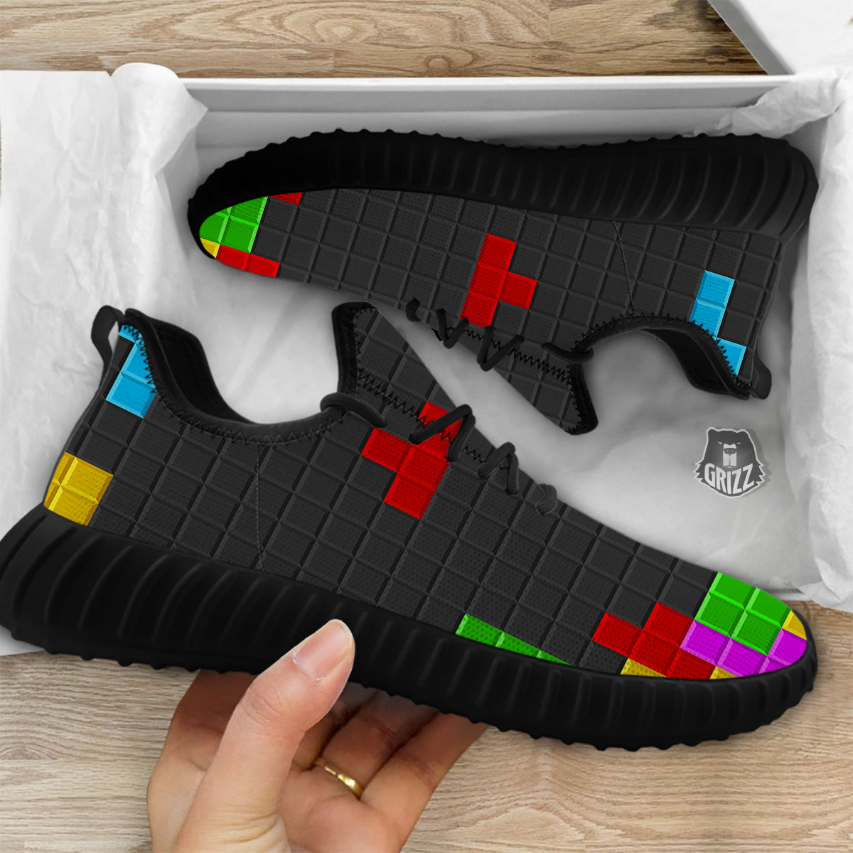 Video Game Colorful Brick Puzzle Print Black Walking Shoes-grizzshop