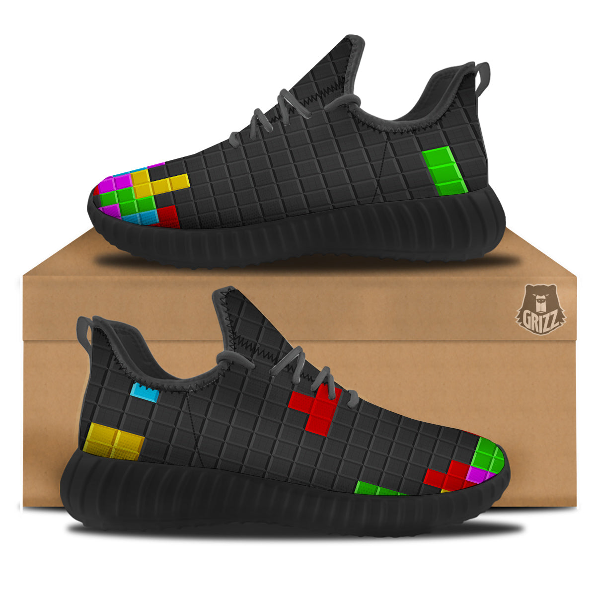 Video Game Colorful Brick Puzzle Print Black Walking Shoes-grizzshop