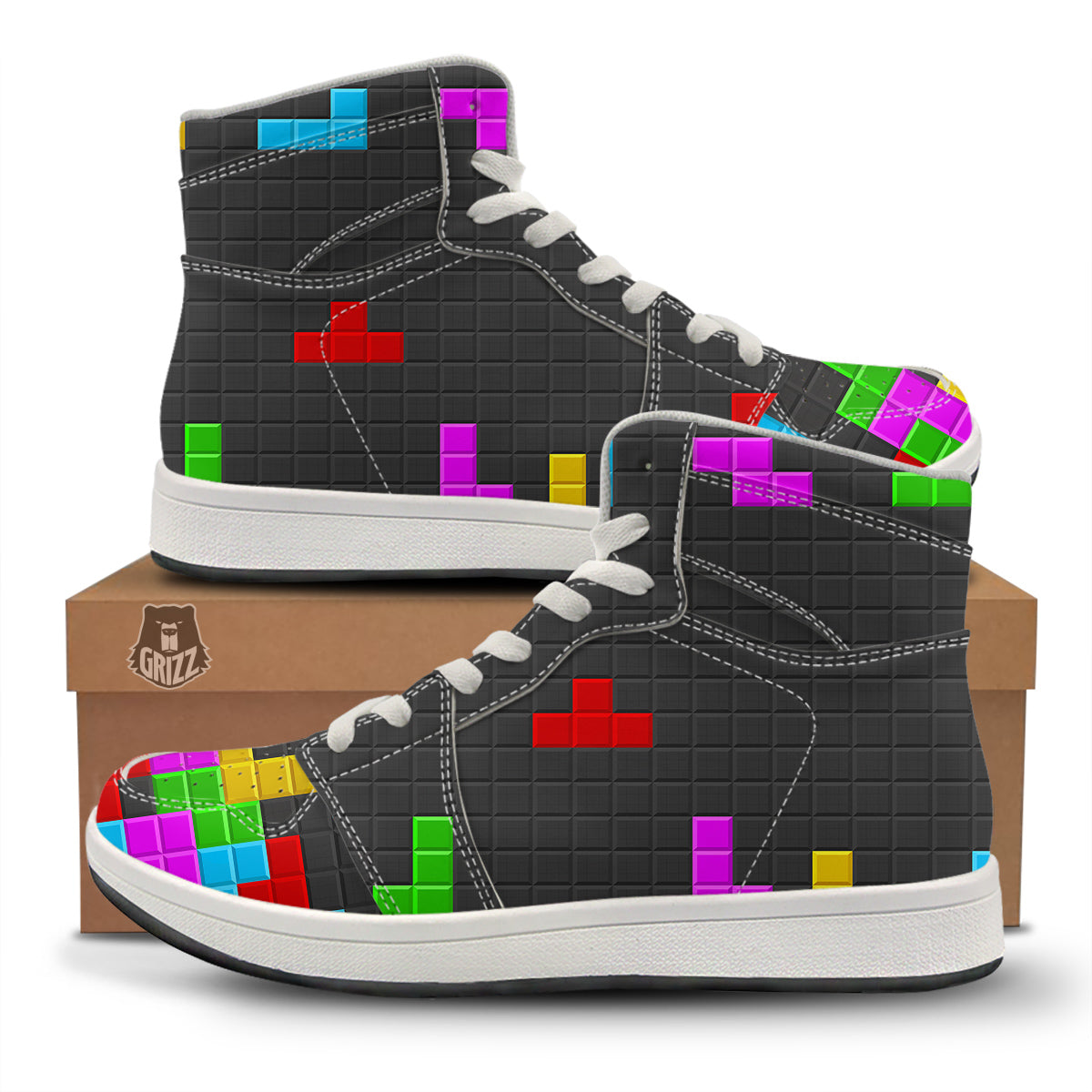 Video Game Colorful Brick Puzzle Print High Top Sneakers-grizzshop