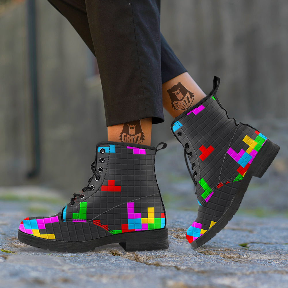 Video Game Colorful Brick Puzzle Print Leather Boots-grizzshop
