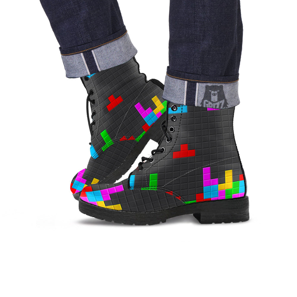 Video Game Colorful Brick Puzzle Print Leather Boots-grizzshop