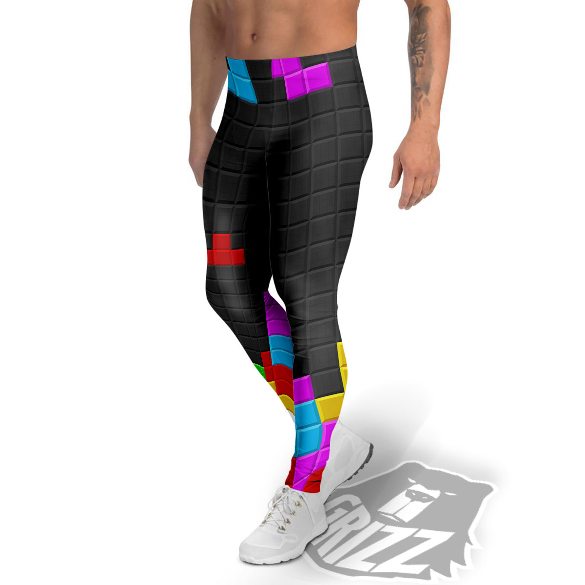 Video Game Colorful Brick Puzzle Print Men's Leggings-grizzshop