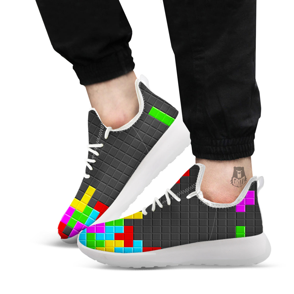 Video Game Colorful Brick Puzzle Print White Athletic Shoes-grizzshop
