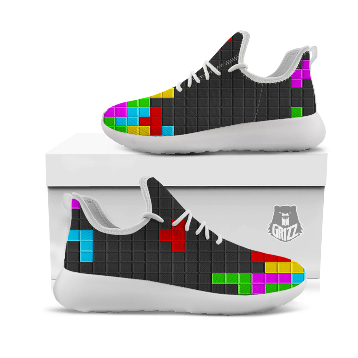 Video Game Colorful Brick Puzzle Print White Athletic Shoes-grizzshop