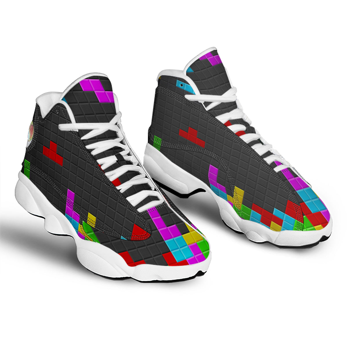 Video Game Colorful Brick Puzzle Print White Basketball Shoes-grizzshop