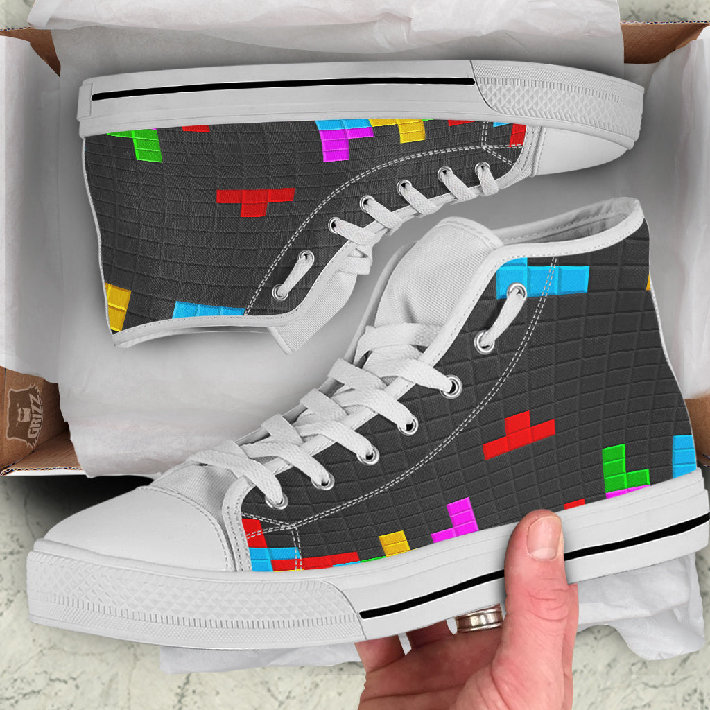Video Game Colorful Brick Puzzle Print White High Top Shoes-grizzshop
