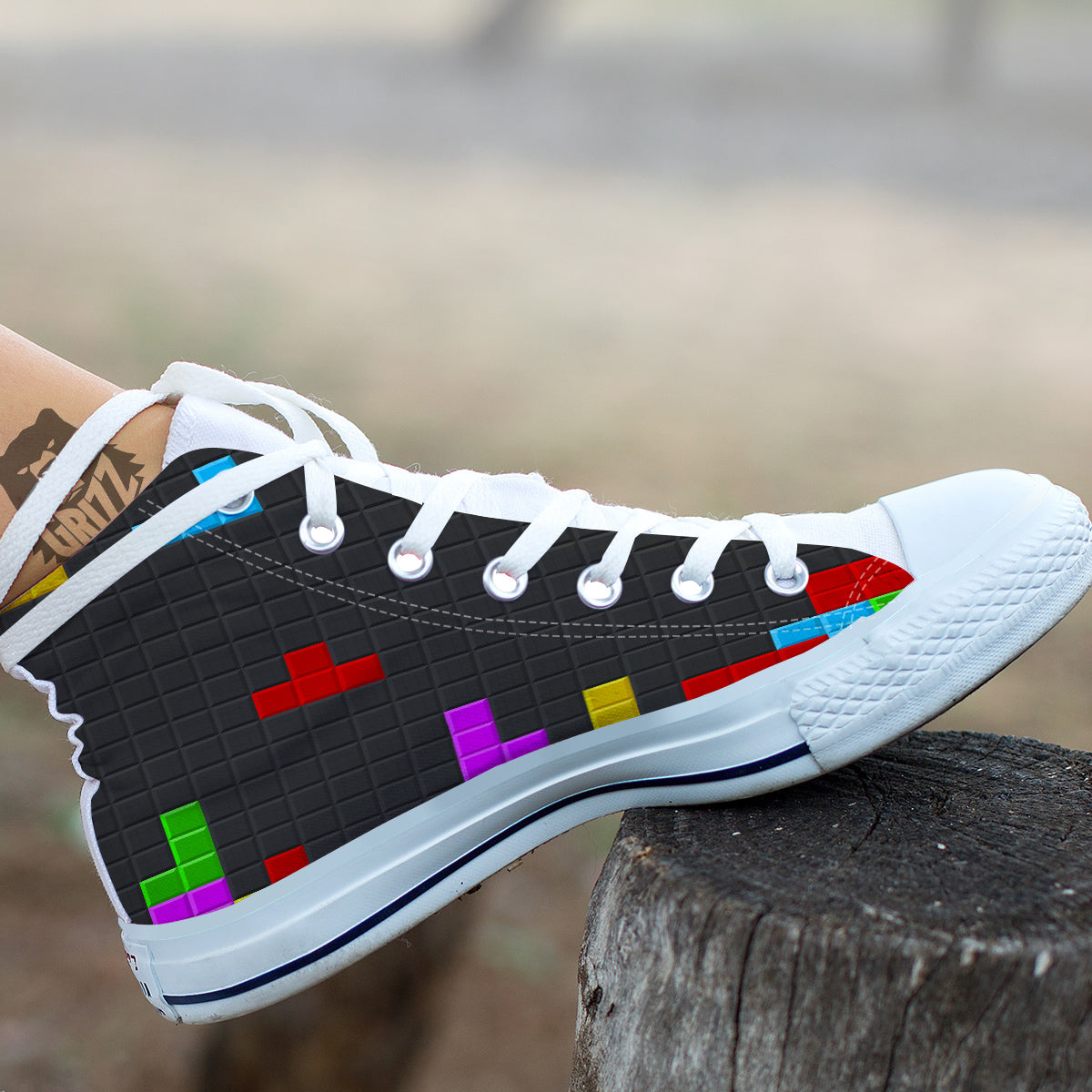 Video Game Colorful Brick Puzzle Print White High Top Shoes-grizzshop