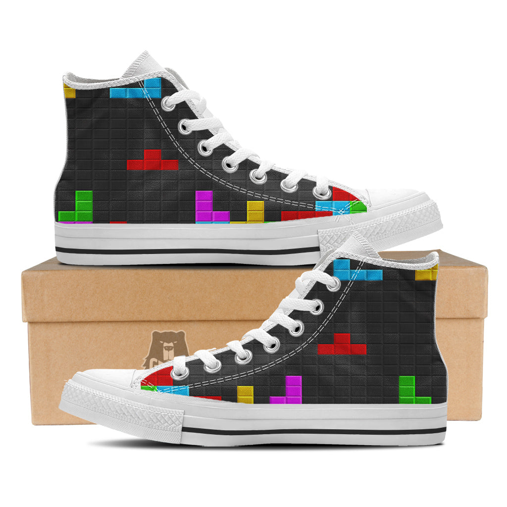 Video Game Colorful Brick Puzzle Print White High Top Shoes-grizzshop