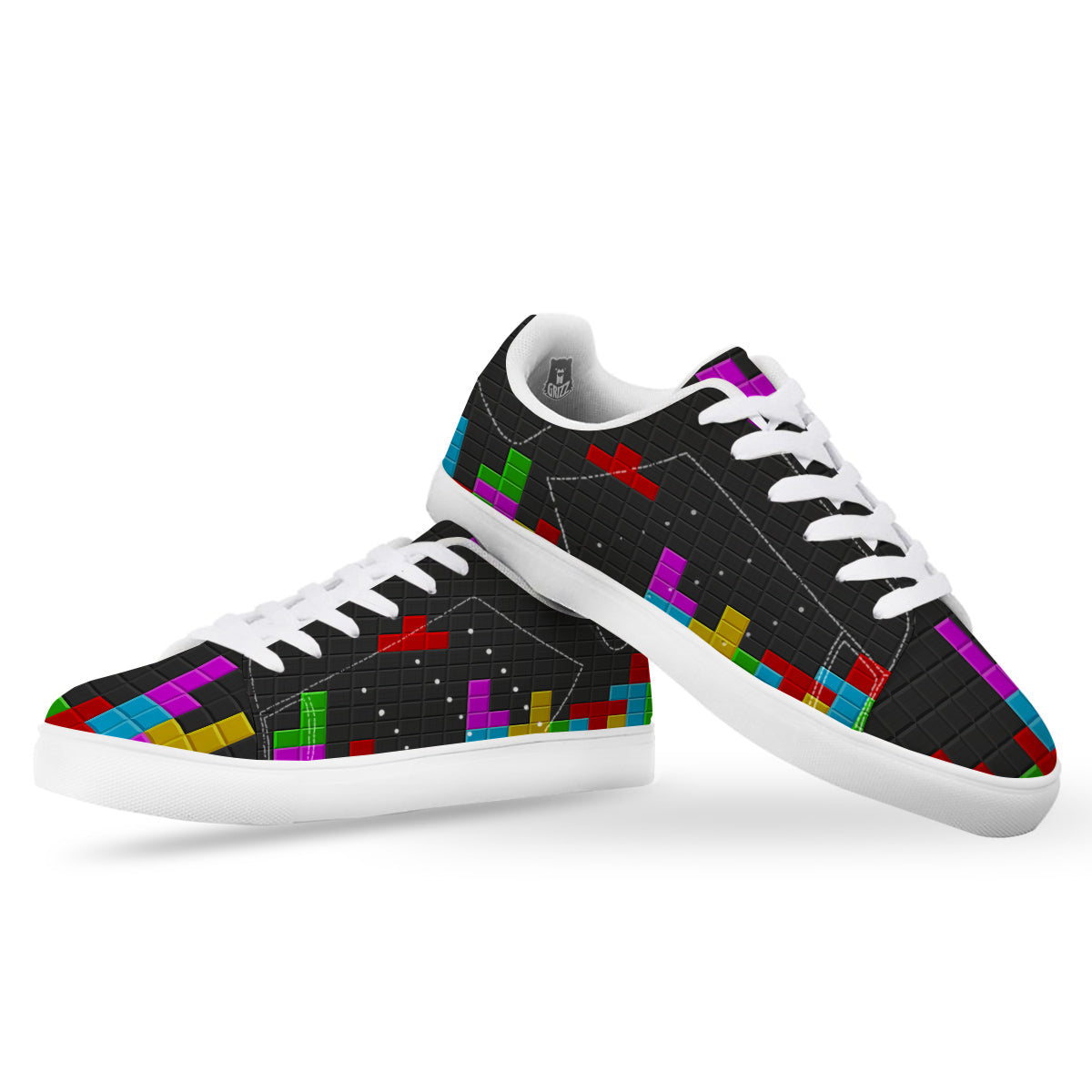 Video Game Colorful Brick Puzzle Print White Low Top Sneakers-grizzshop