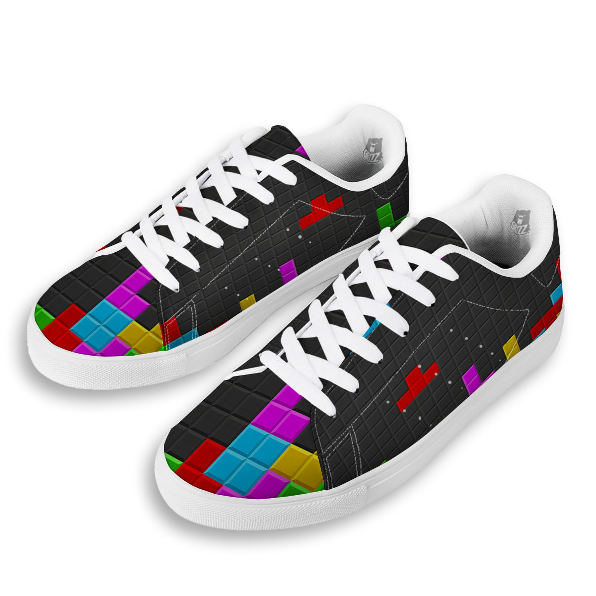 Video Game Colorful Brick Puzzle Print White Low Top Sneakers-grizzshop