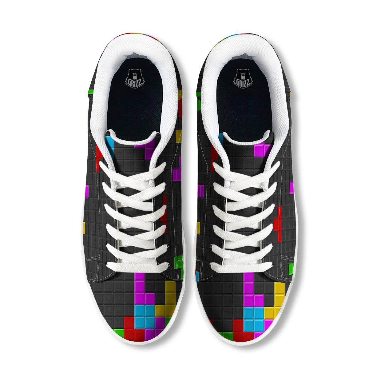 Video Game Colorful Brick Puzzle Print White Low Top Sneakers-grizzshop