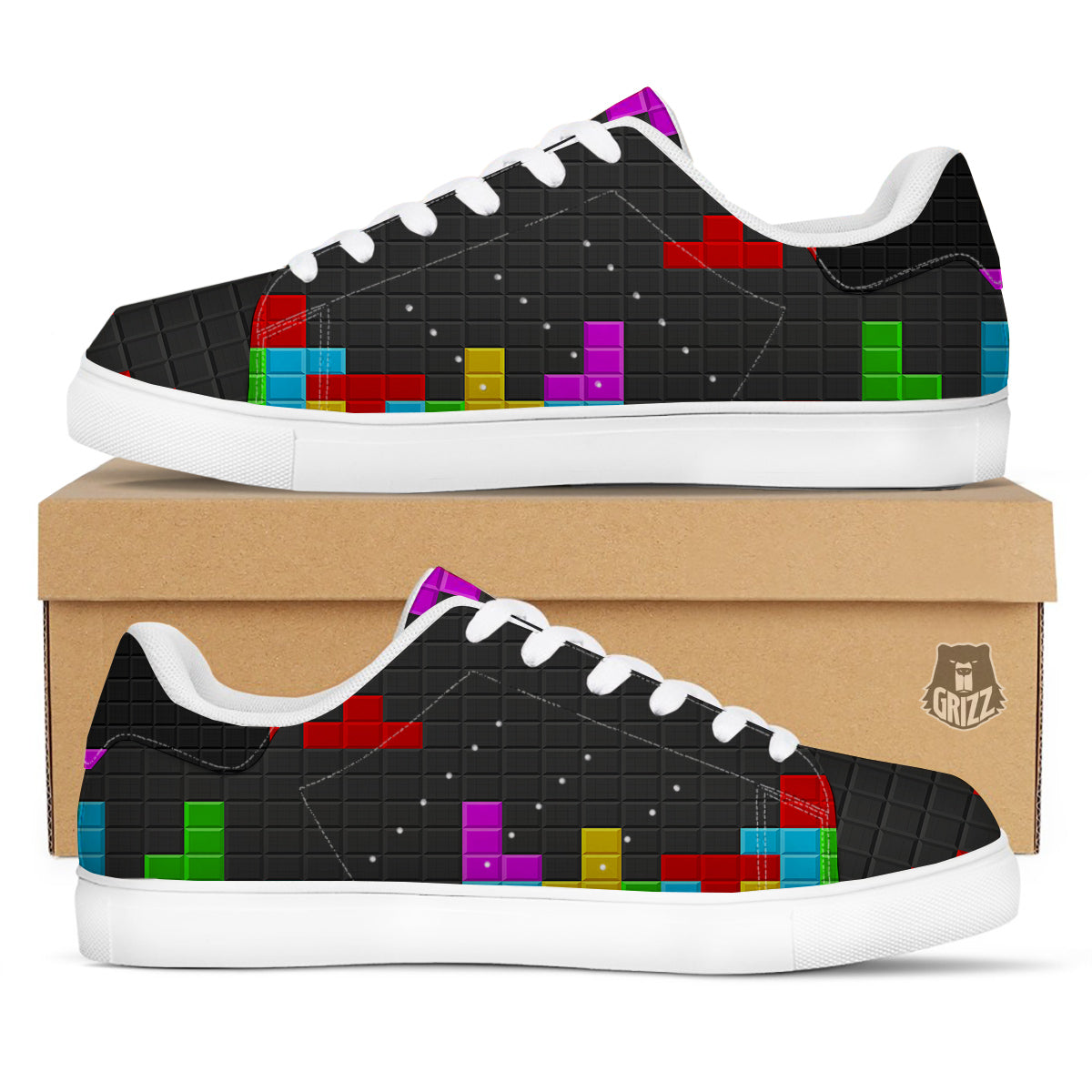 Video Game Colorful Brick Puzzle Print White Low Top Sneakers-grizzshop