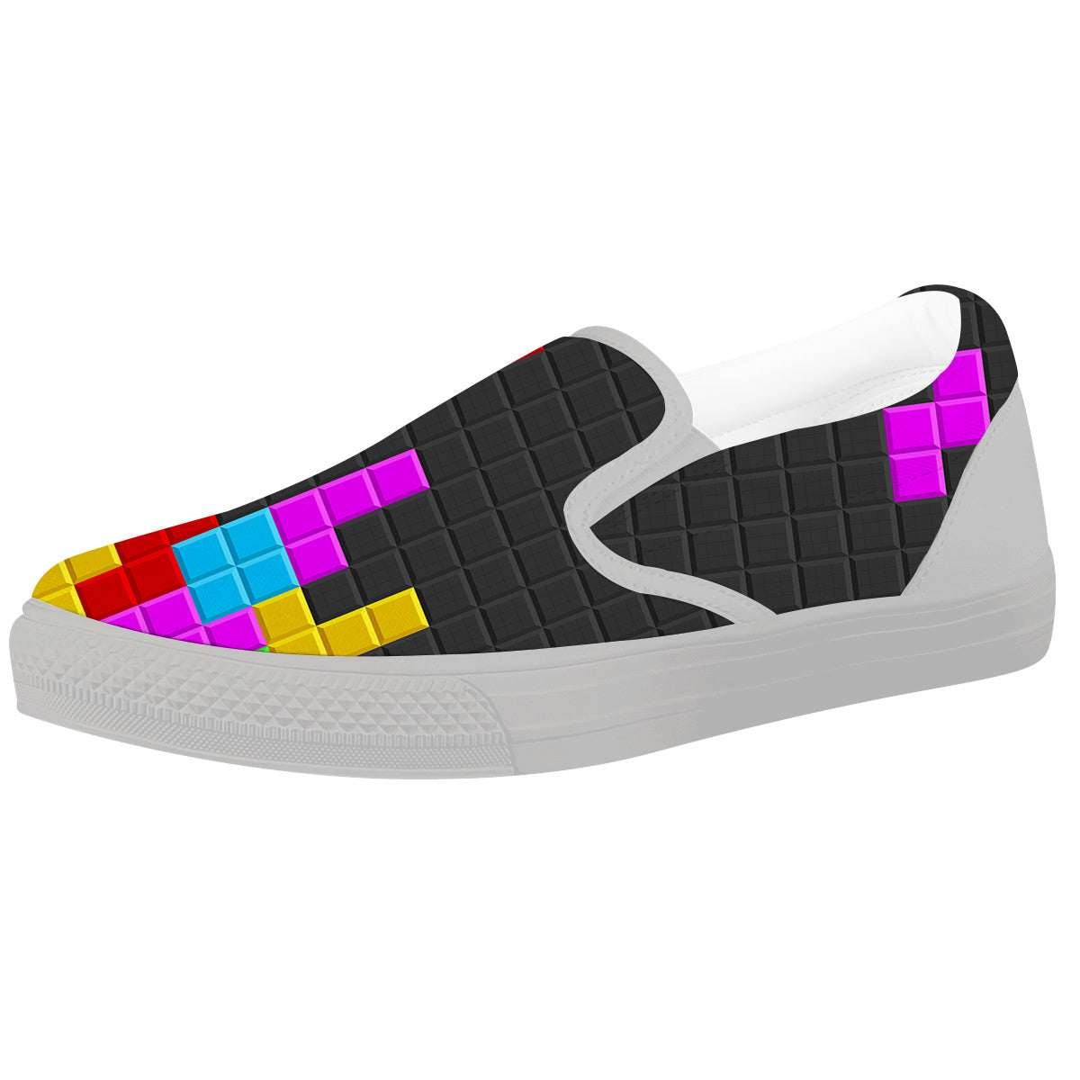Video Game Colorful Brick Puzzle Print White Slip On Shoes-grizzshop