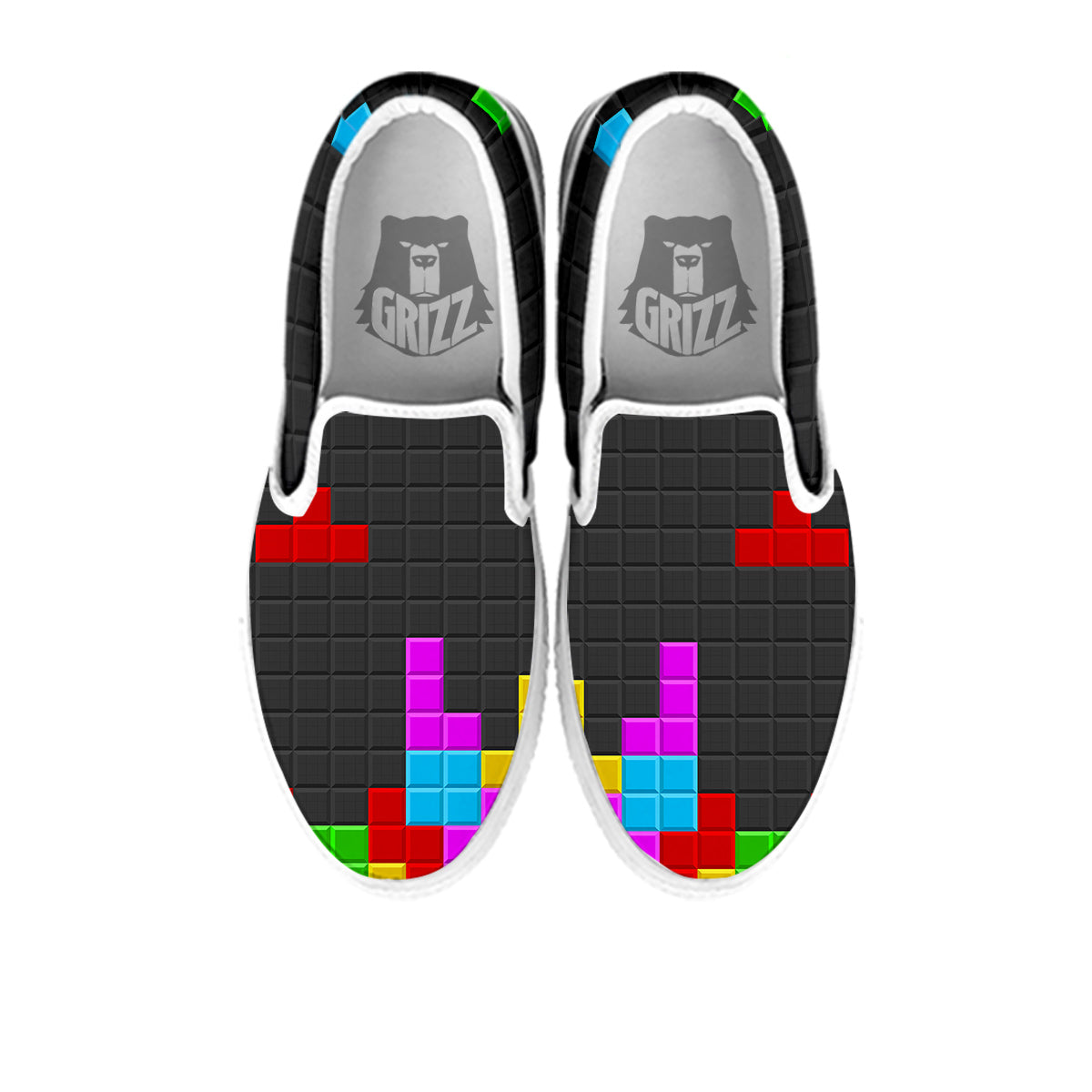 Video Game Colorful Brick Puzzle Print White Slip On Shoes-grizzshop