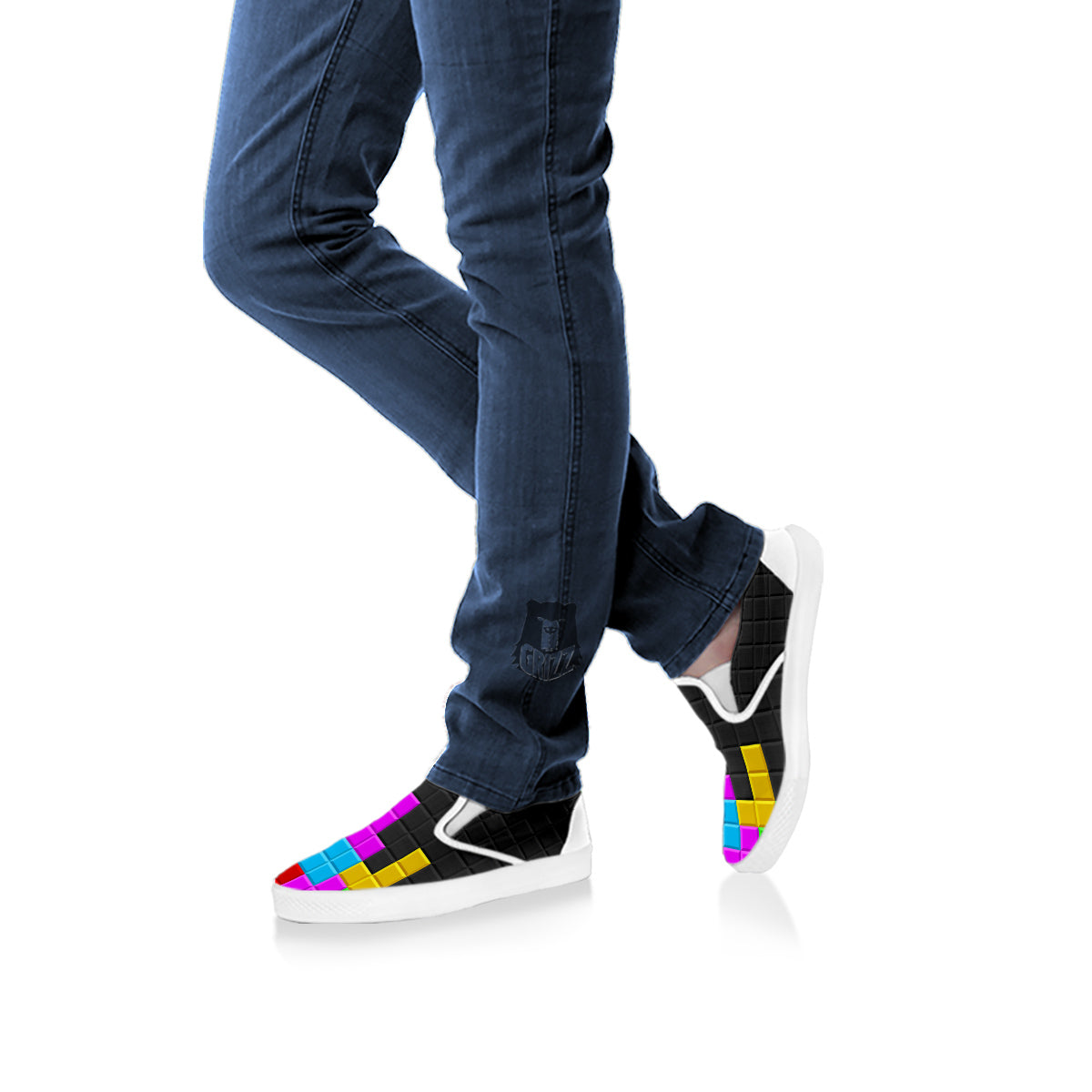Video Game Colorful Brick Puzzle Print White Slip On Shoes-grizzshop
