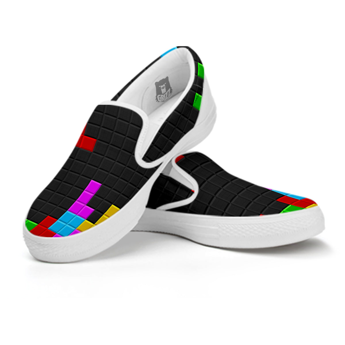 Video Game Colorful Brick Puzzle Print White Slip On Shoes-grizzshop