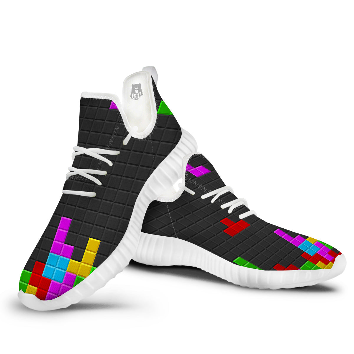 Video Game Colorful Brick Puzzle Print White Walking Shoes-grizzshop