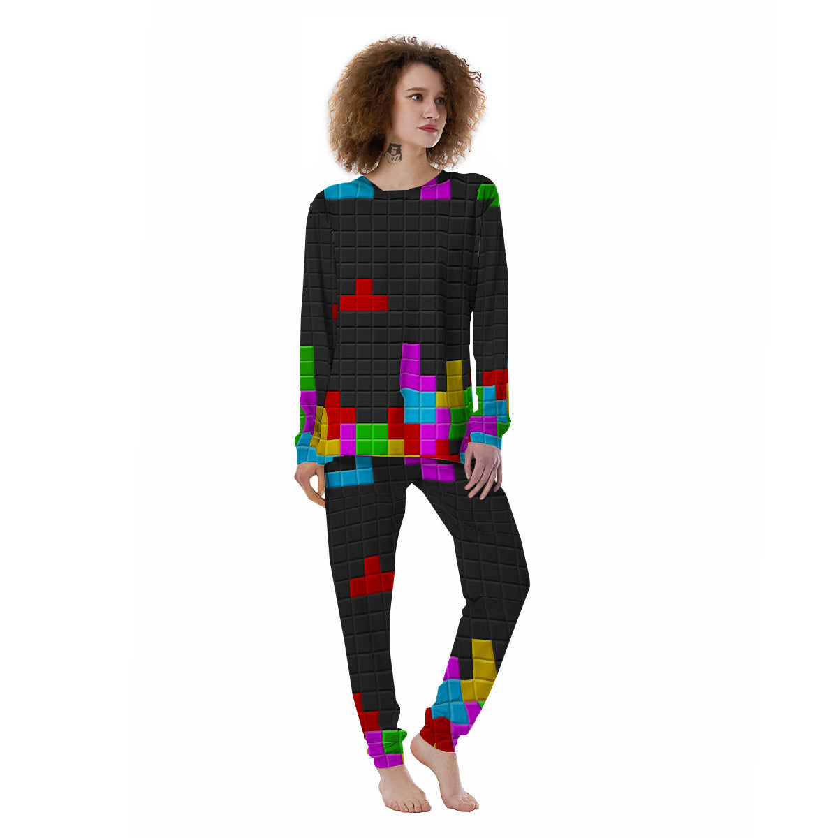 Video Game Colorful Brick Puzzle Print Women's Pajamas-grizzshop