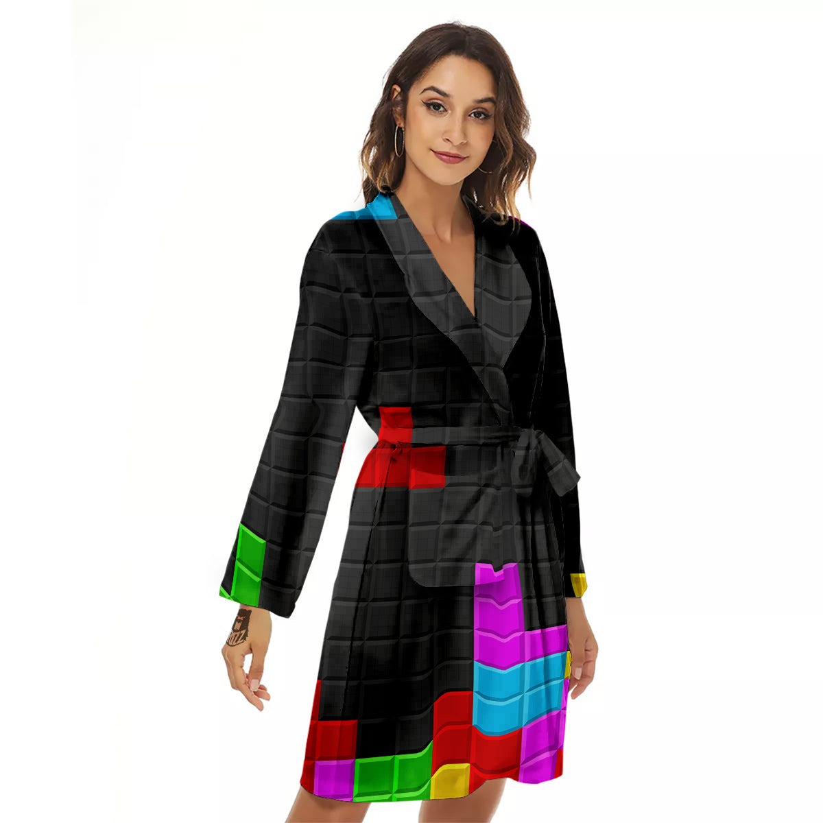 Video Game Colorful Brick Puzzle Print Women's Robe-grizzshop
