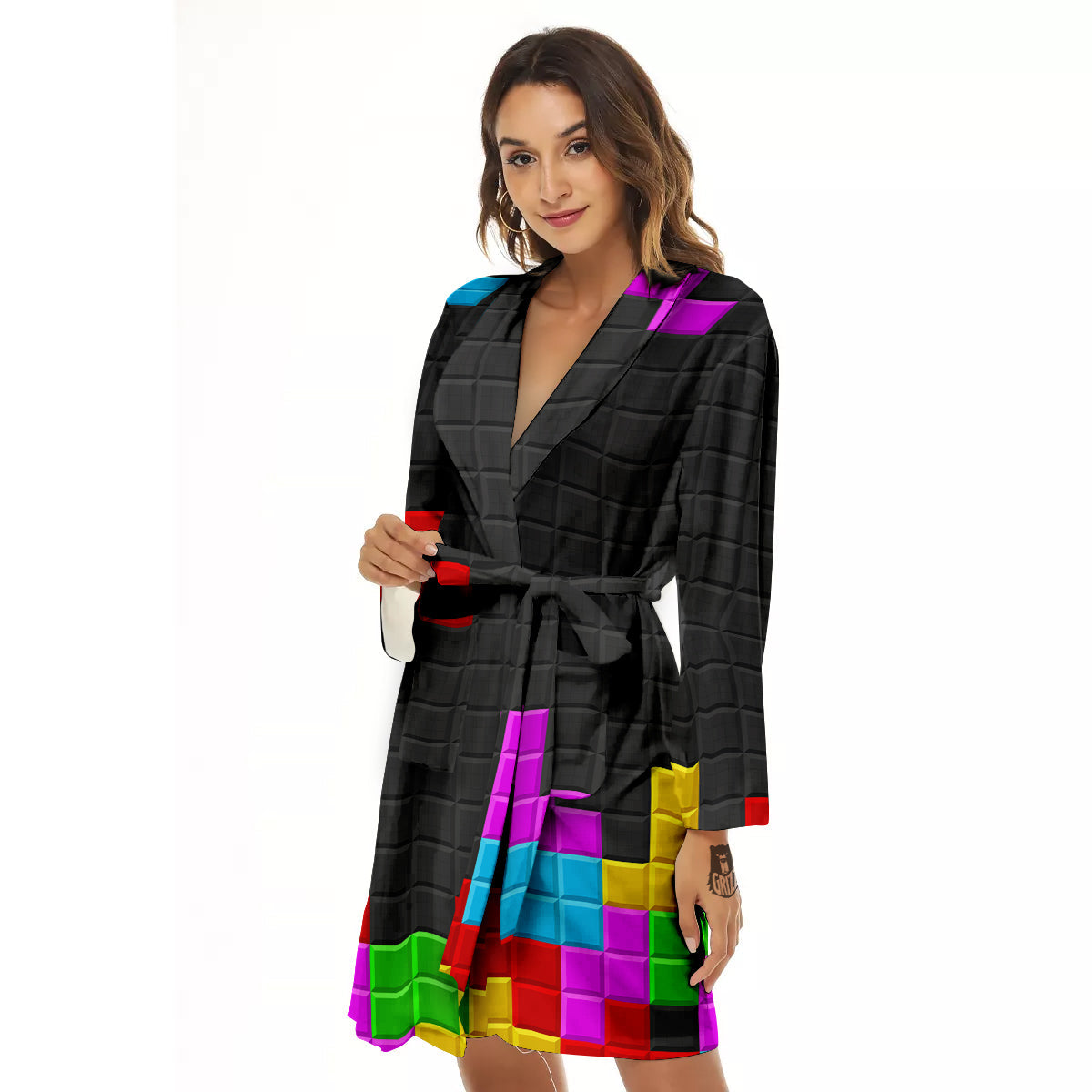 Video Game Colorful Brick Puzzle Print Women's Robe-grizzshop