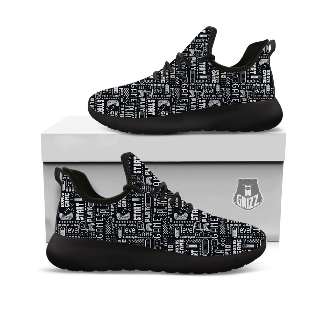 Video Game White And Black Print Pattern Black Athletic Shoes-grizzshop