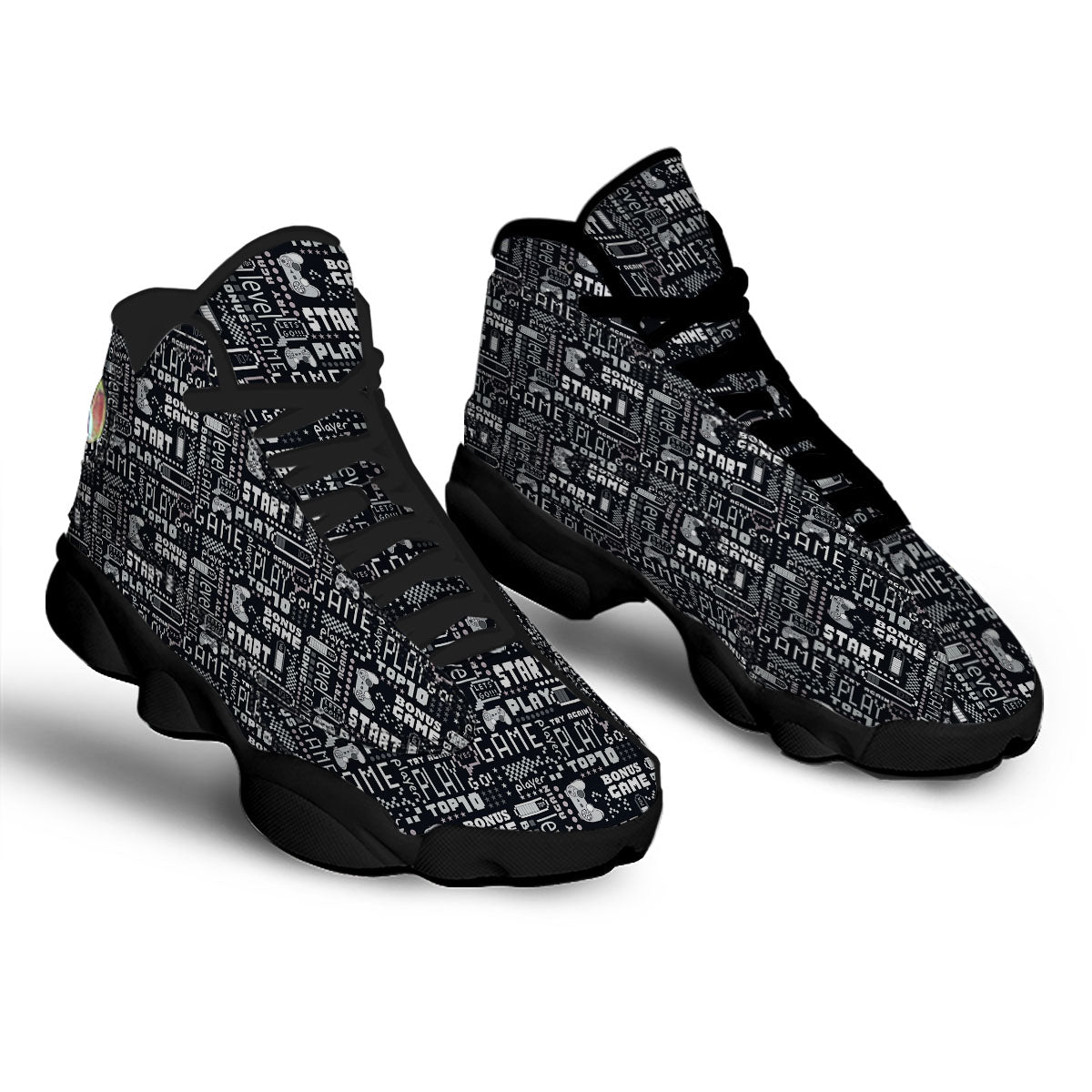 Video Game White And Black Print Pattern Black Basketball Shoes-grizzshop