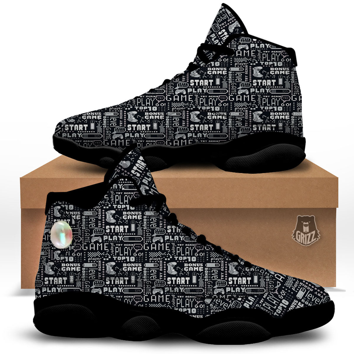 Video Game White And Black Print Pattern Black Basketball Shoes-grizzshop