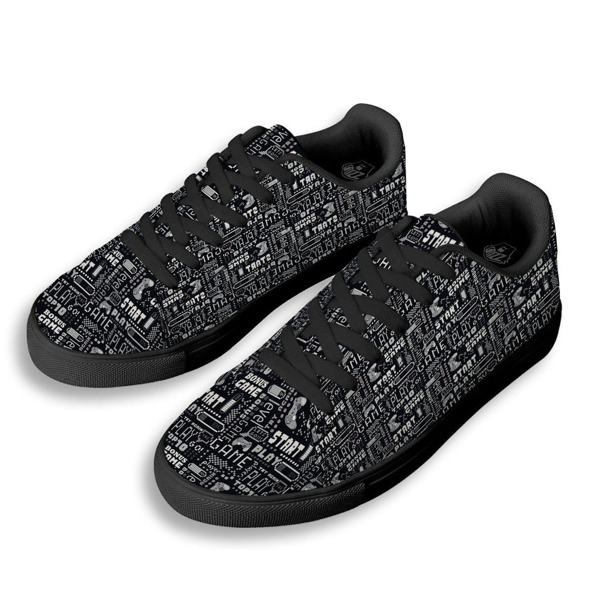 Video Game White And Black Print Pattern Black Low Top Sneakers-grizzshop