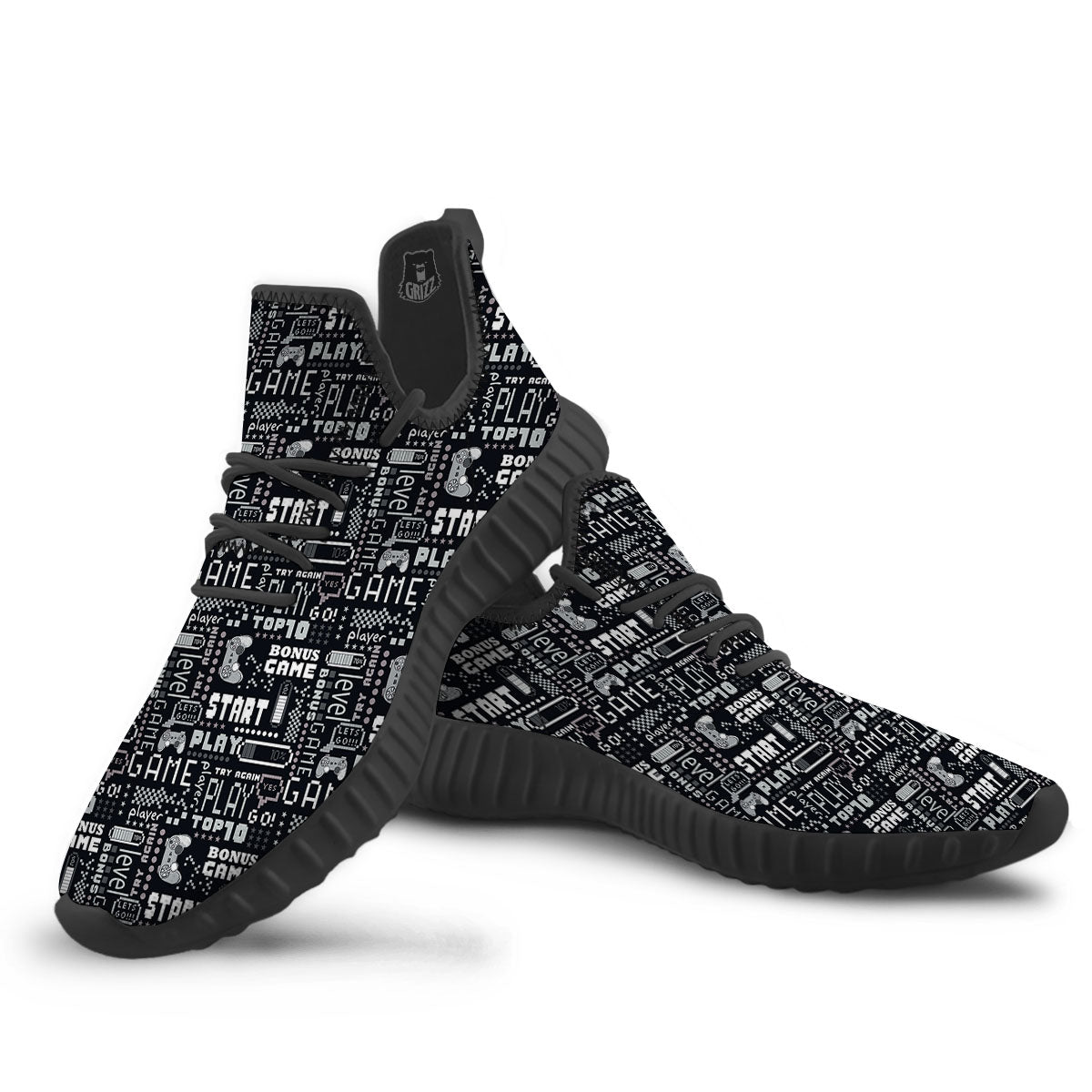 Video Game White And Black Print Pattern Black Walking Shoes-grizzshop