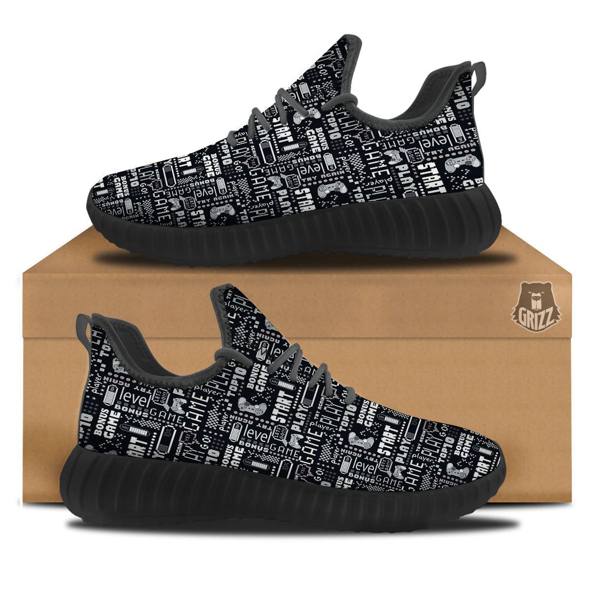 Video Game White And Black Print Pattern Black Walking Shoes-grizzshop