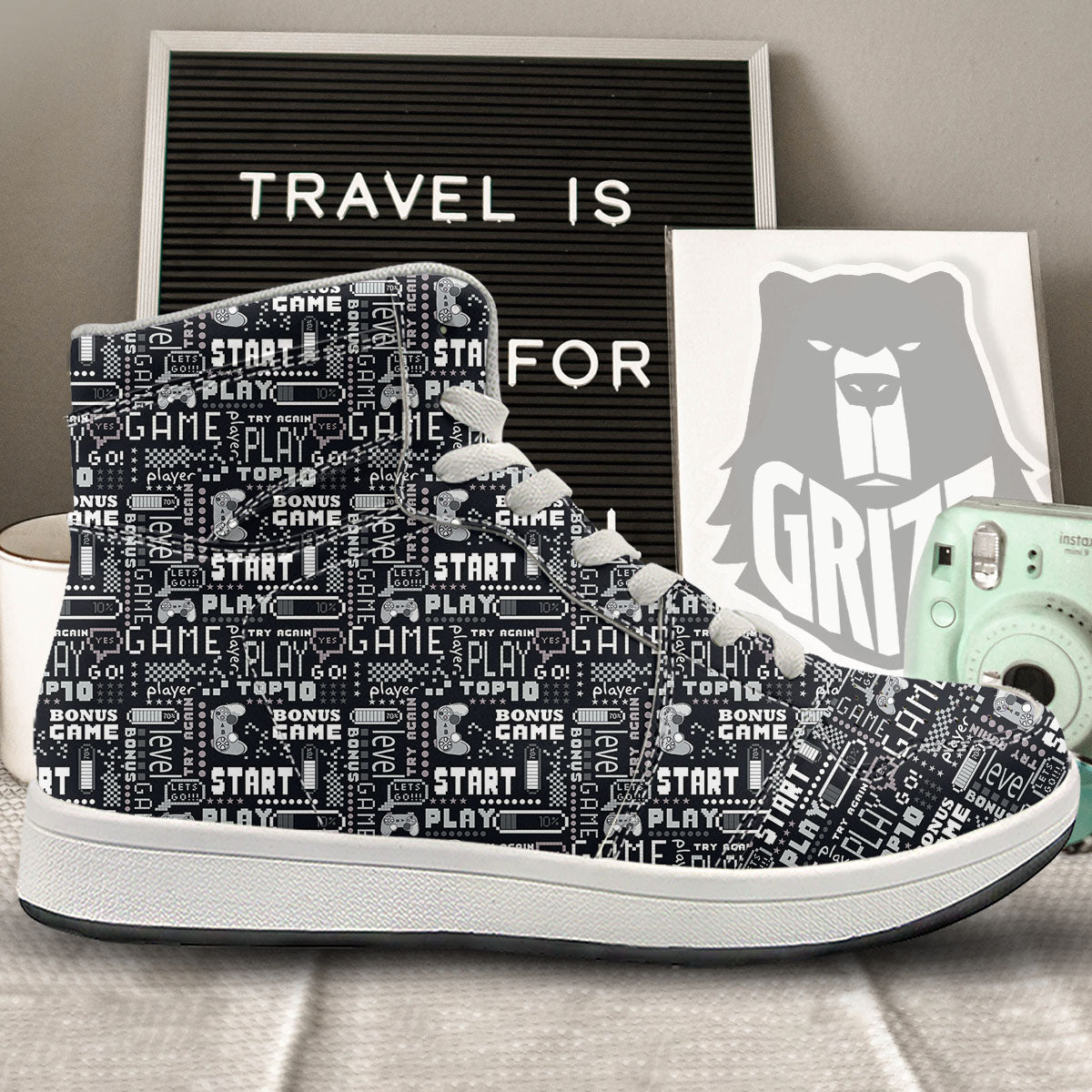 Video Game White And Black Print Pattern High Top Sneakers-grizzshop