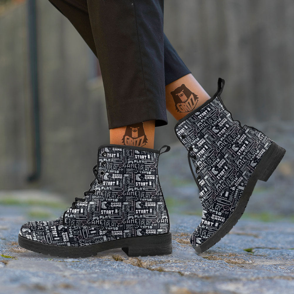 Video Game White And Black Print Pattern Leather Boots-grizzshop