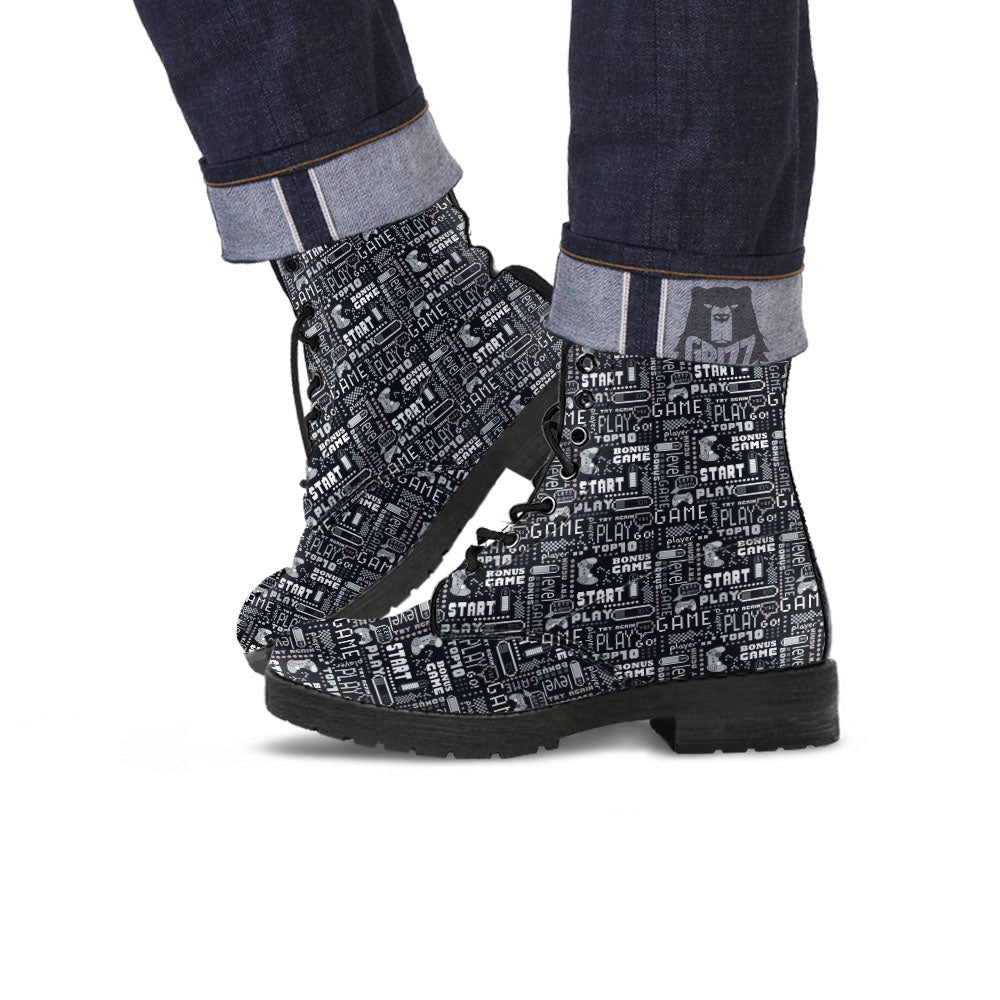 Video Game White And Black Print Pattern Leather Boots-grizzshop
